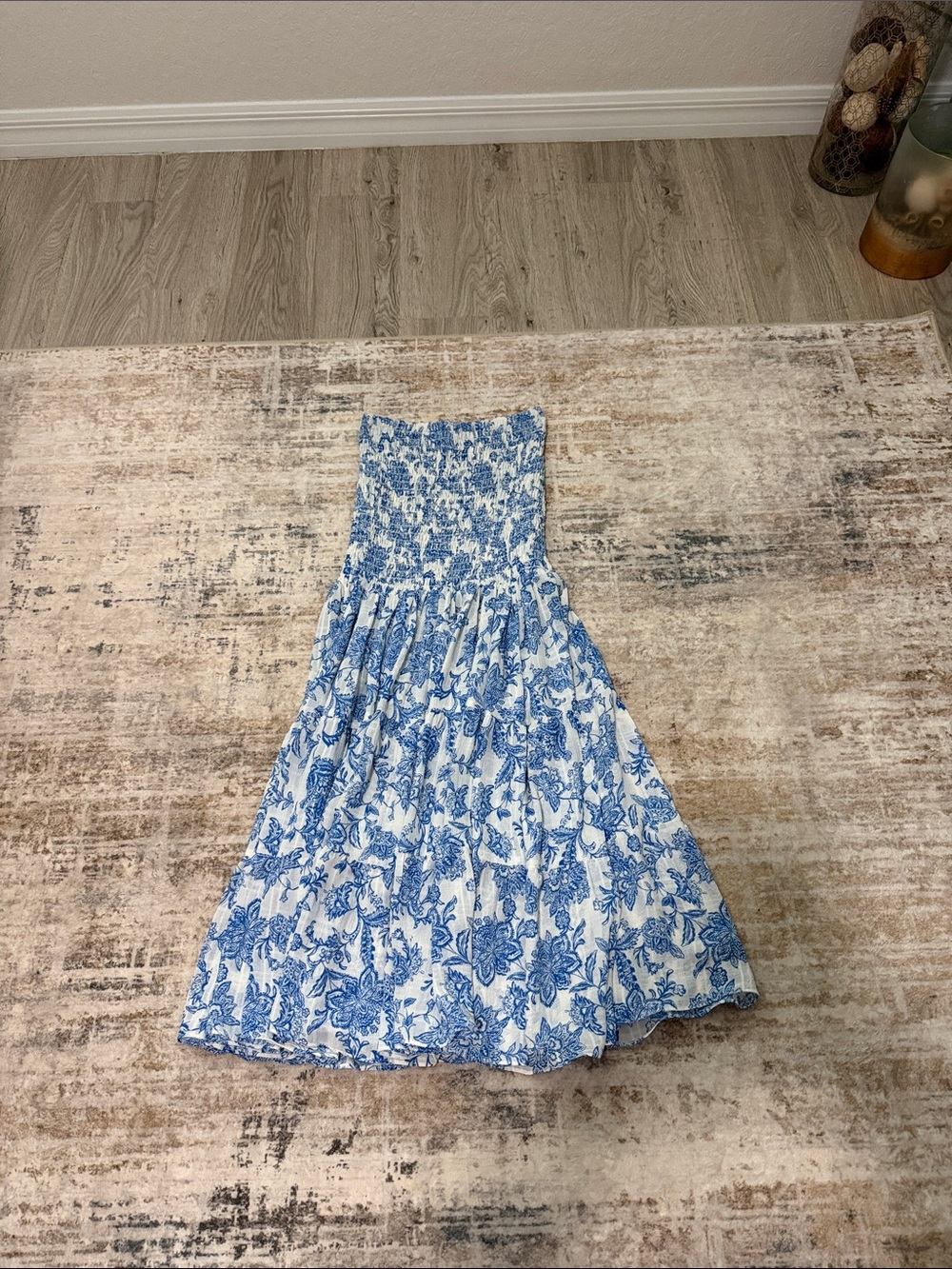 Misa Los Angeles Blue and White Strapless Floral Sundress